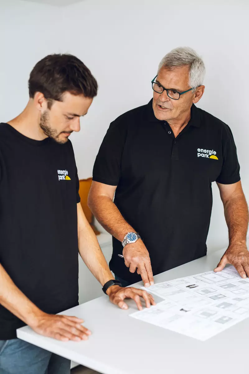 Marco Schmid und Gunter Vogelgsang, Teamwork bei der Projektplanung bei Energiepark Ulm